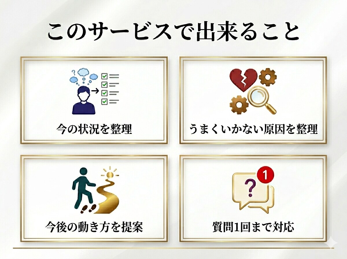恋愛の悩みを整理して具体的にアドバイスします 相手の気持ちが分からない、次の一手に迷う方へ イメージ2