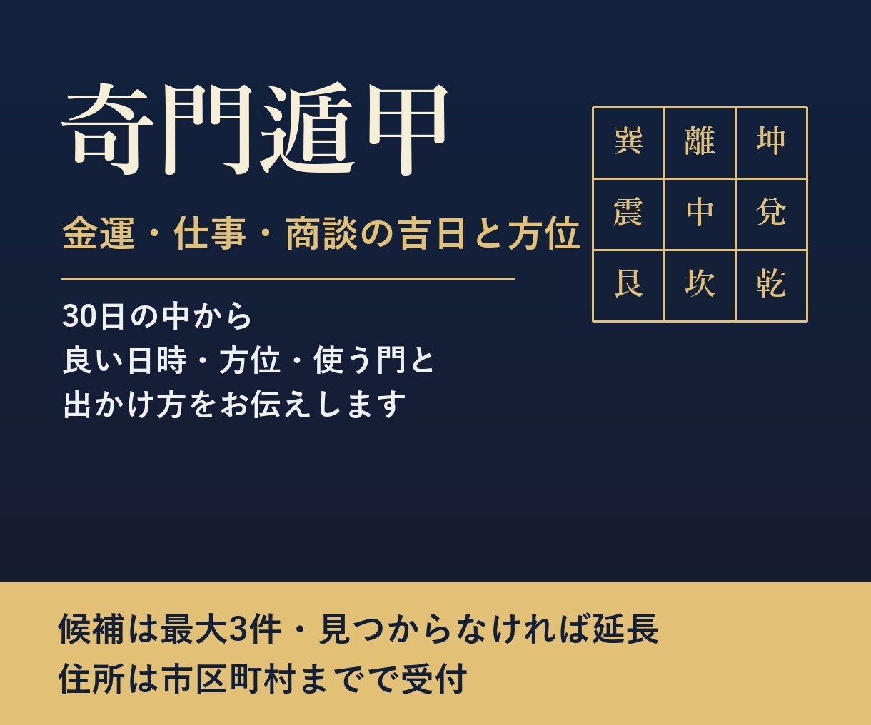 奇門遁甲で、金運・仕事に良い日時と方位を選びます 30日の中から、出かける日時と方位をお伝えします イメージ1