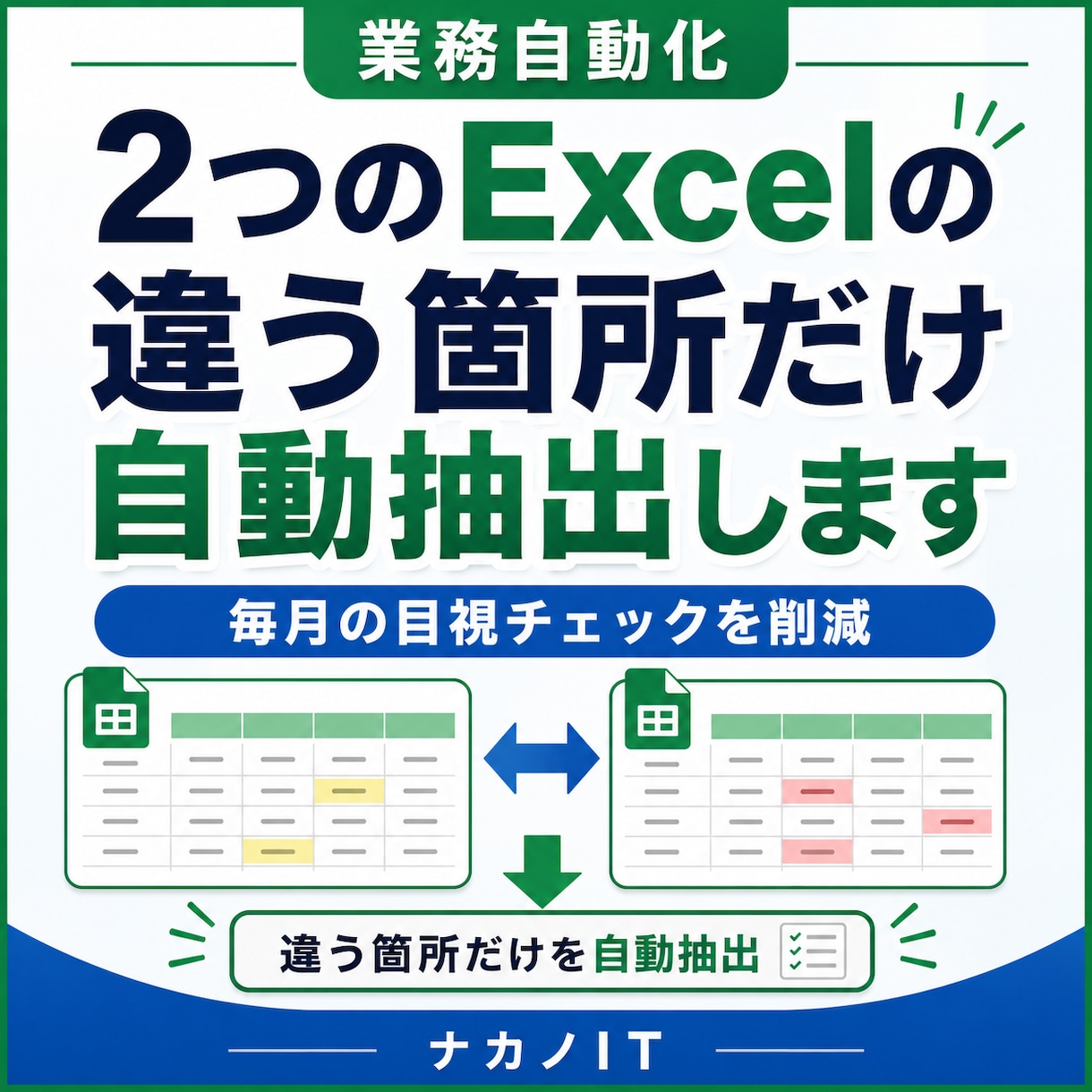 2つのExcelの違う箇所だけ自動抽出します 毎月の目視チェックを減らし、変更点を一覧化します イメージ1
