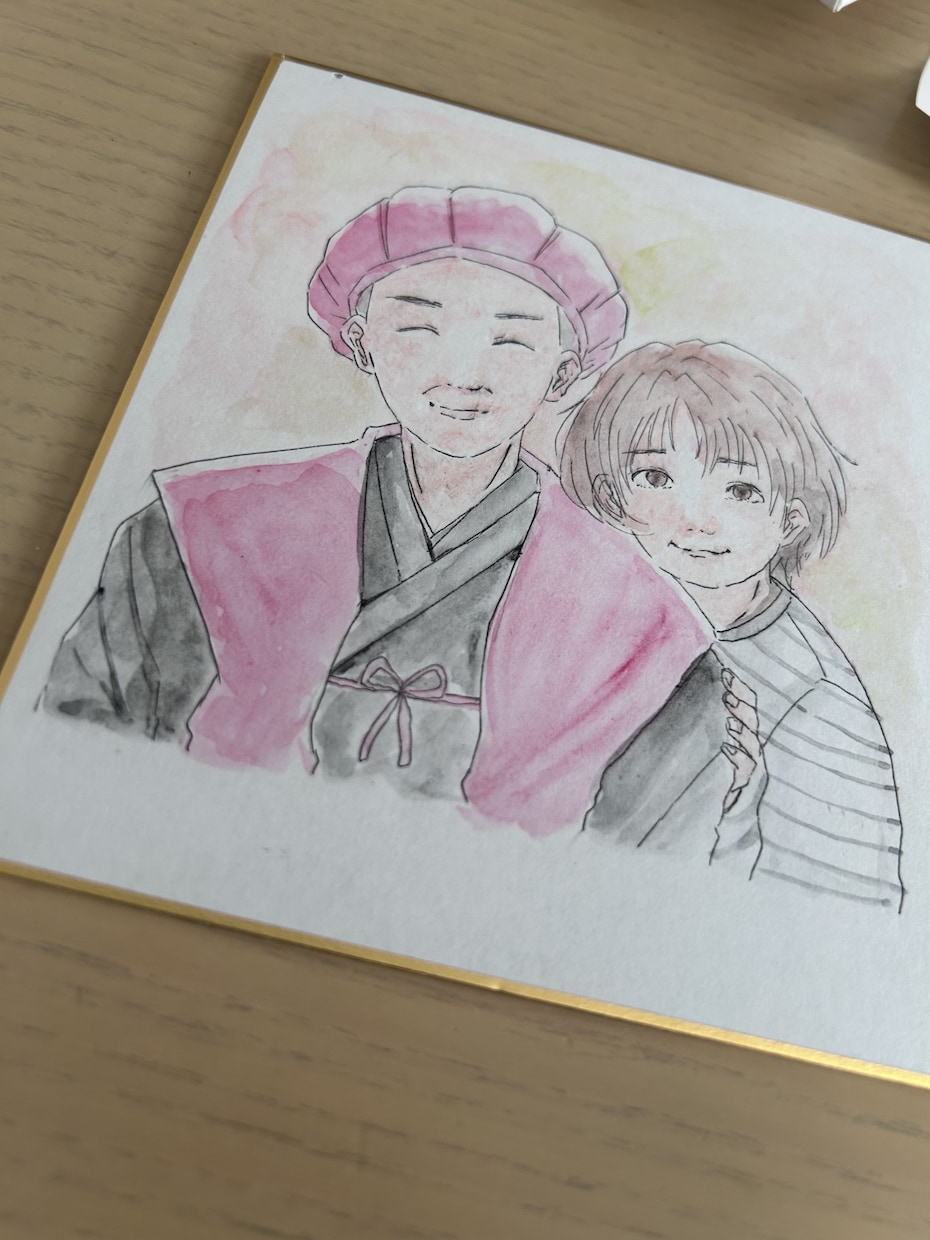 ふんわり水彩の似顔絵作成します ミニ色紙に水彩でふんわりとした似顔絵をお描きします イメージ3