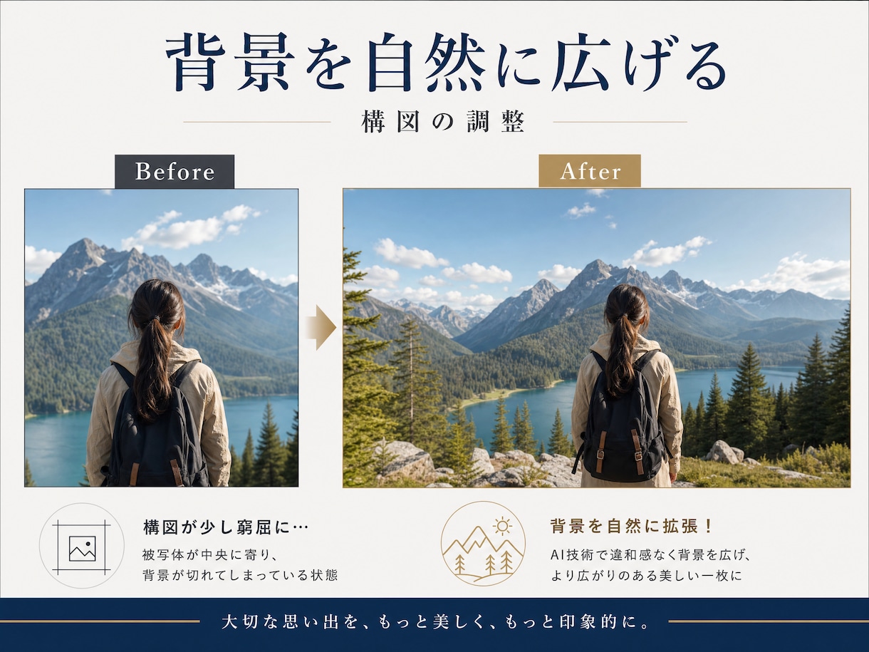 写真の不要物削除や人物補正を自然に仕上げます 加工感のない自然な仕上がり｜歯・髪色・シワ・背景拡張 イメージ2