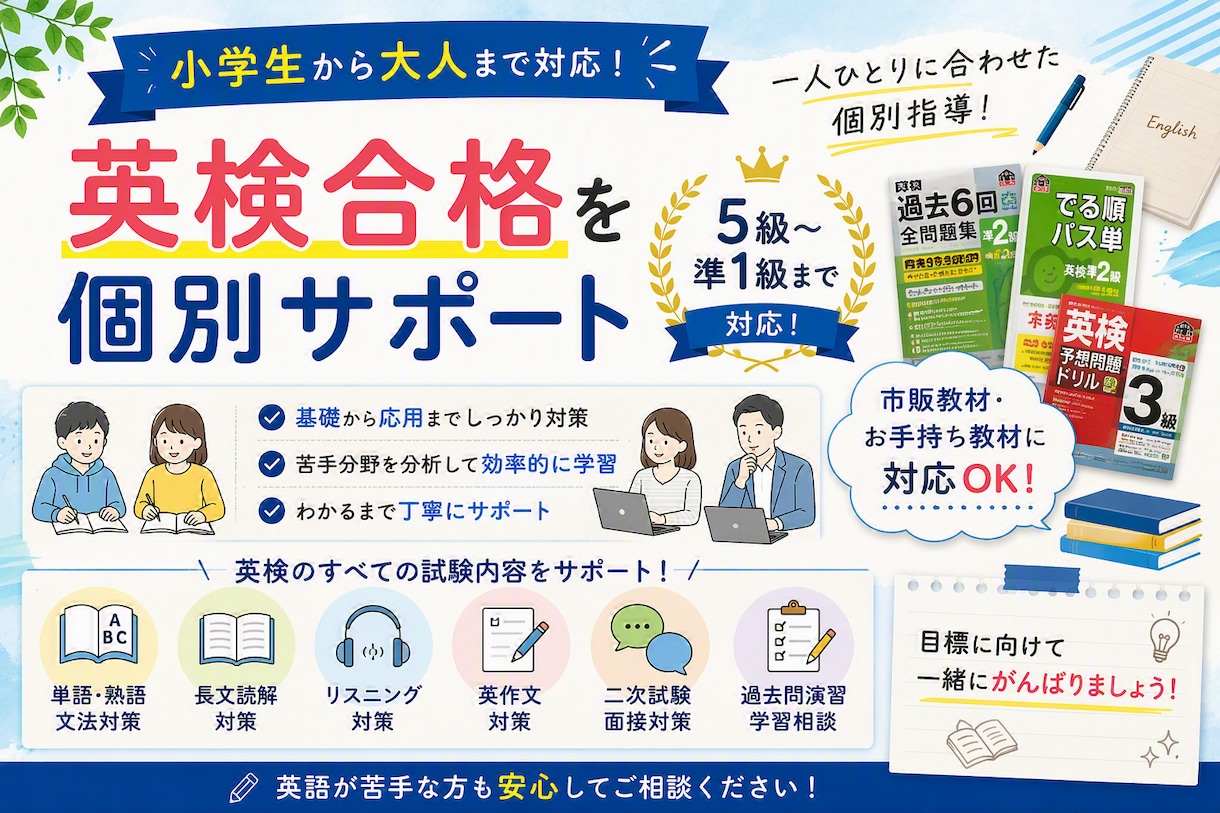 英検5級/4級/3級/準2級/2級/準1級教えます ※60分で1回の授業料となります。 イメージ1