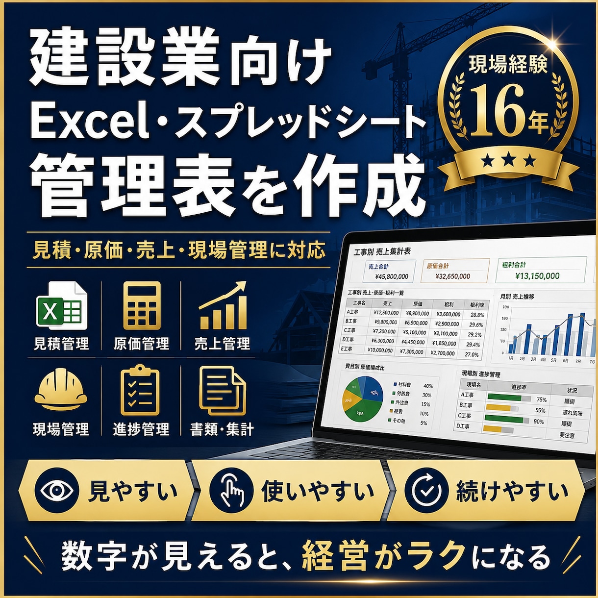 建設業向けのExcel・スプレッドシートを作ります 見積・原価・売上・現場管理を、使いやすい表に整えます イメージ1