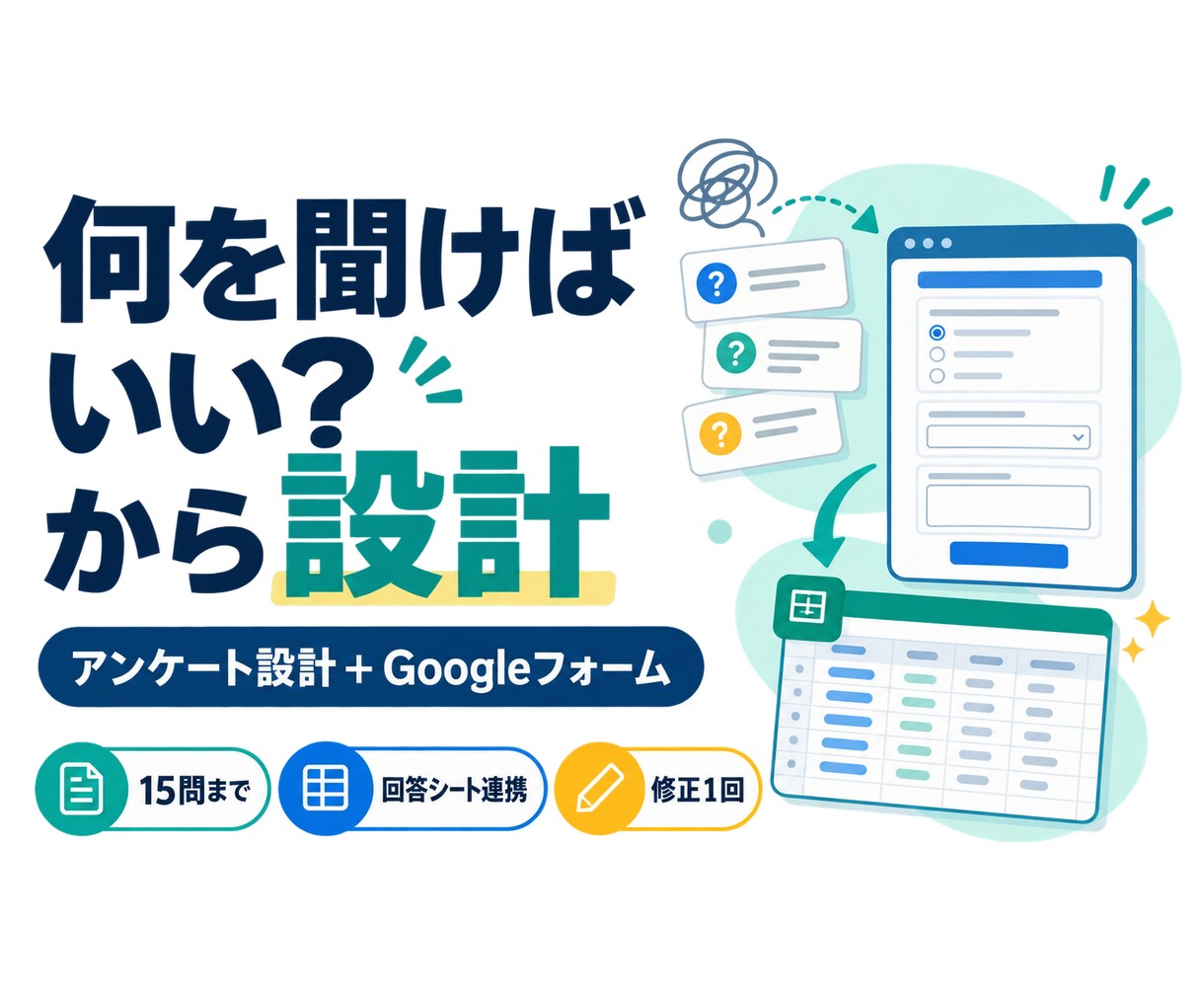 目的からGoogleアンケートフォームを作ります 質問に答えるだけで、設問設計から回答シートまで完成します イメージ1