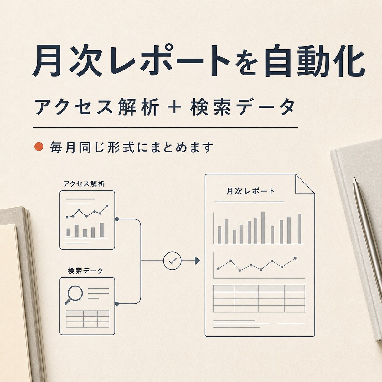 アクセス解析から毎月の自動レポートを構築します GA4と検索データをまとめ、毎月の変化を見やすく整理 イメージ1