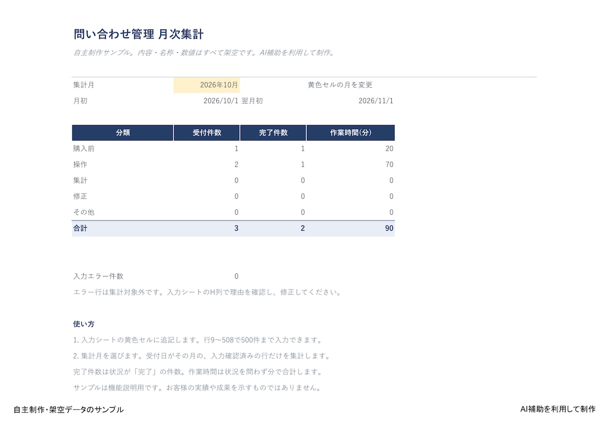 入力しやすいExcel管理表と月次集計を作ります マクロ不要・入力と集計の２シート・修正２回 イメージ2