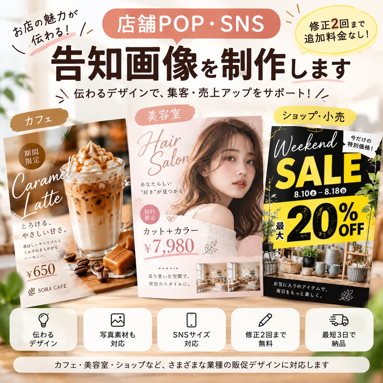 店舗POP・SNS告知画像をおしゃれに制作します AI写真素材も活用！伝わるデザインを丁寧に制作 イメージ1