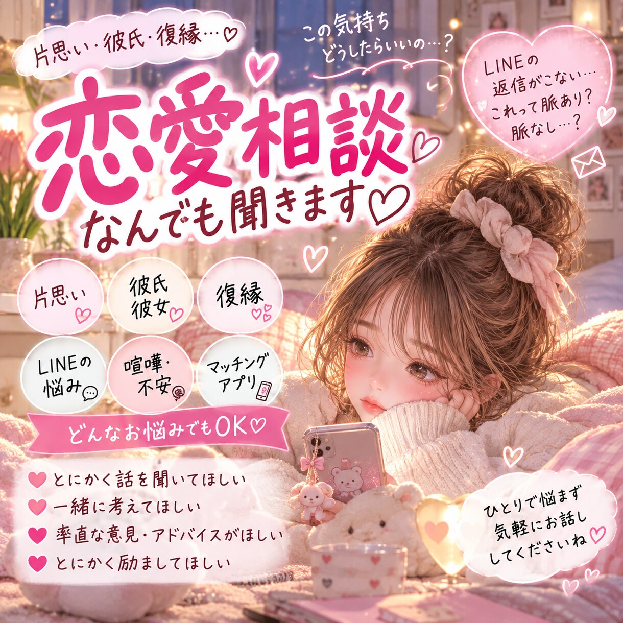 恋愛のモヤモヤ何でも聞きます 片思い・彼氏・LINE・失恋♡女友達感覚で寄り添います イメージ1