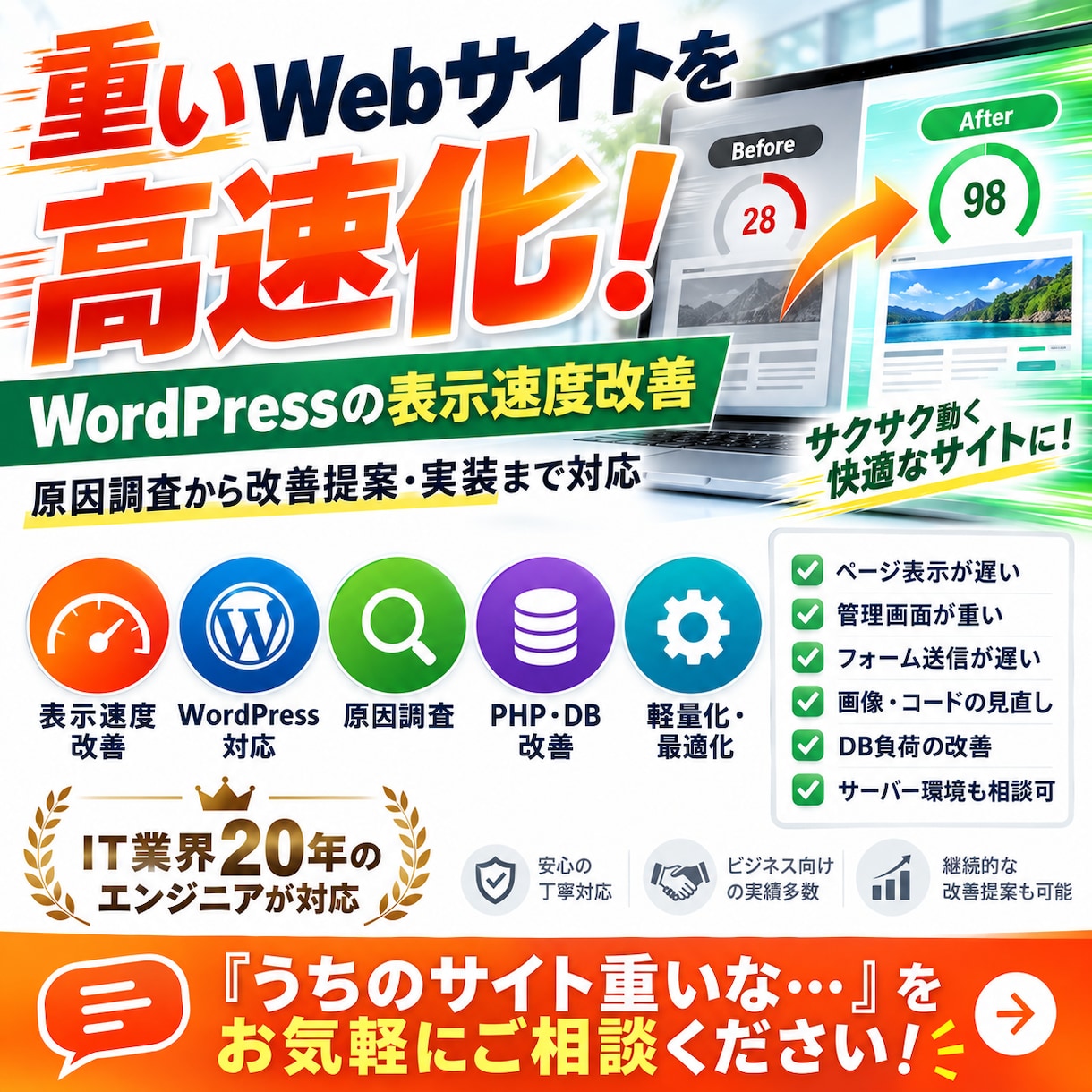 重いWebサイト・WordPressを高速化します 表示速度の原因調査から改善提案・実装まで対応 イメージ1