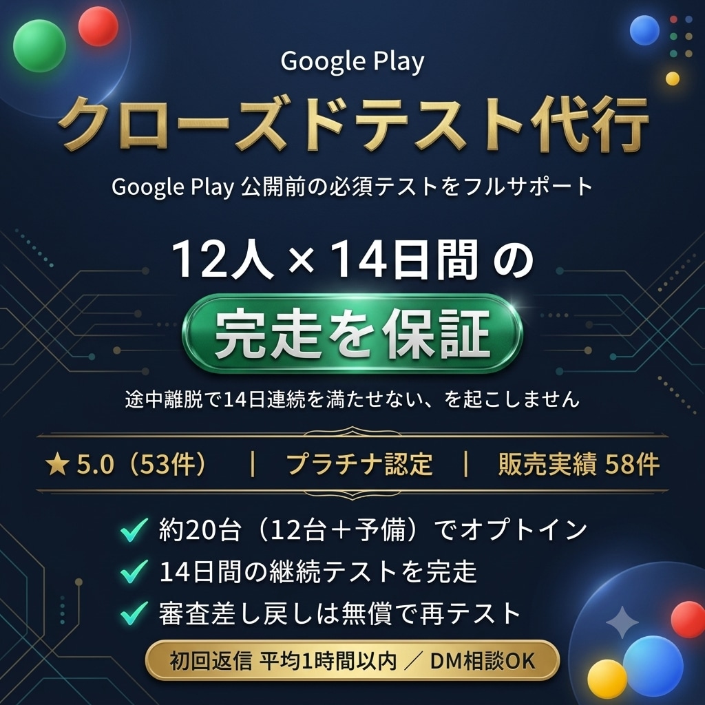 Androidクローズドテスト14日保証代行します 12人×14日の完走を保証。約20台で確実にオプトイン イメージ1