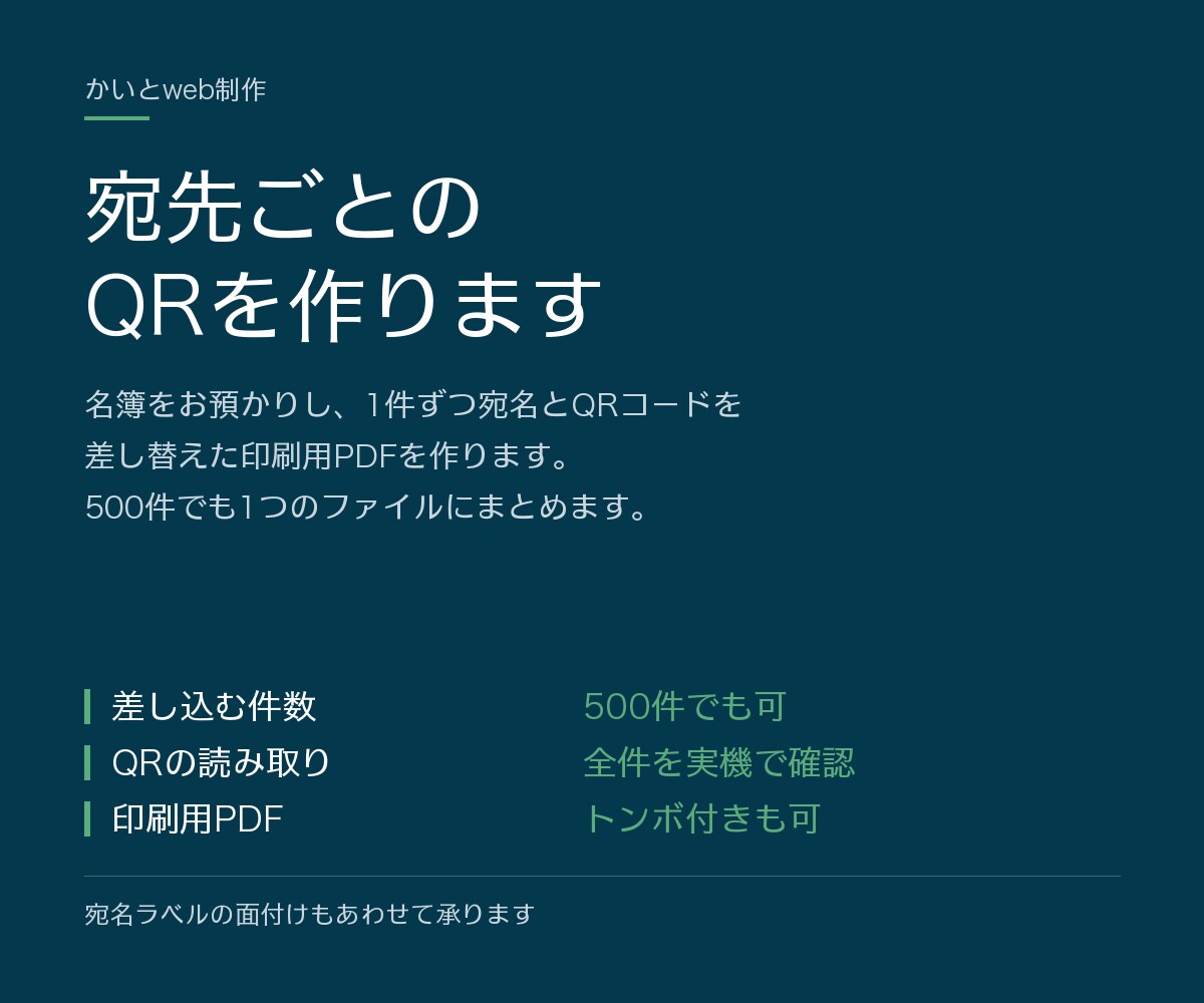 差し込み印刷と宛名ラベルをQRコード付きで作ります 500件を1件ずつ違うQRコードで納品した実績があります イメージ5