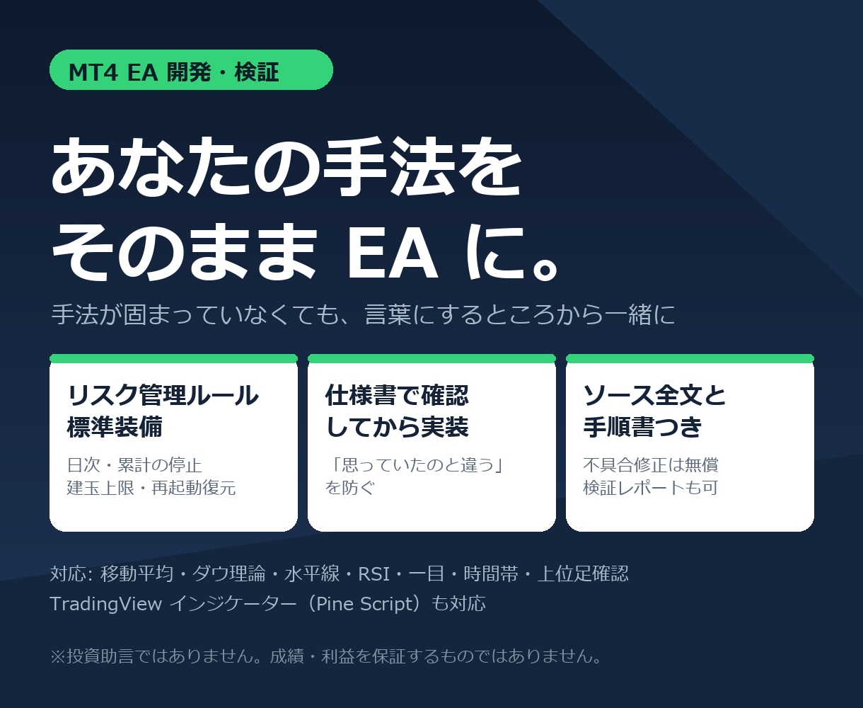 ご希望のロジックをMT4のEAに作成します 手法の言語化からお手伝い・リスク管理ルール標準装備 イメージ1