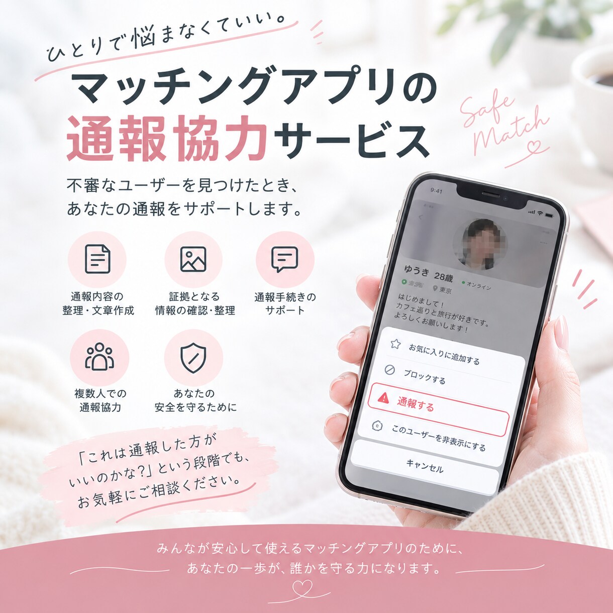 マッチングアプリ通報の協力できます マッチングアプリの通報のご協力をいたします。 イメージ1