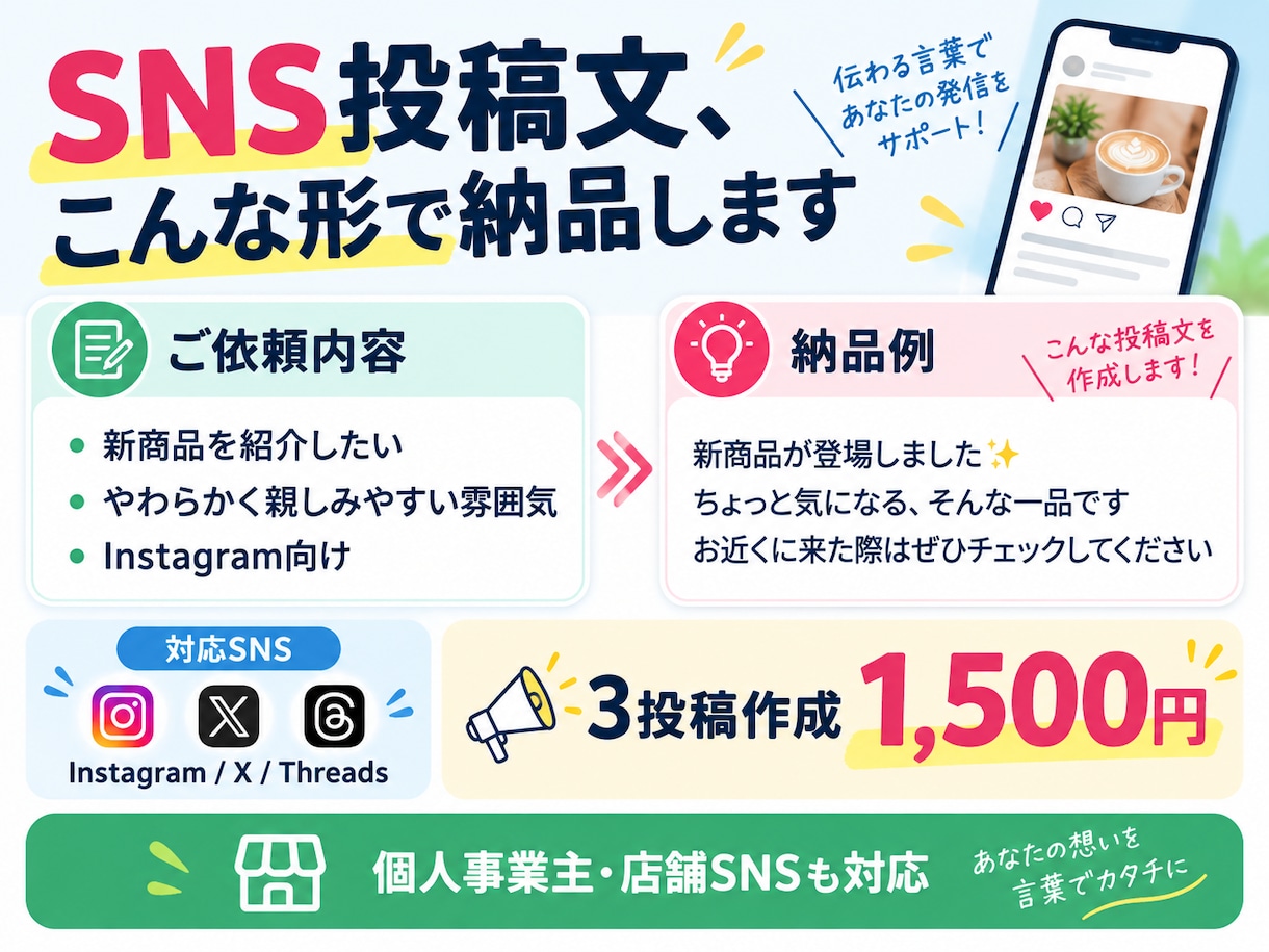 お店・個人事業主向け｜SNS投稿文を3本作成します お店・個人事業主のSNS発信をお手伝い イメージ3
