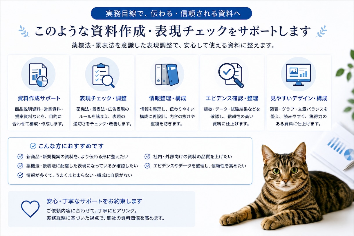 化粧品・健康食品の法規に則した資料を作成します 業界歴30年のプロが薬機法・景表法に配慮した資料を作成 イメージ2