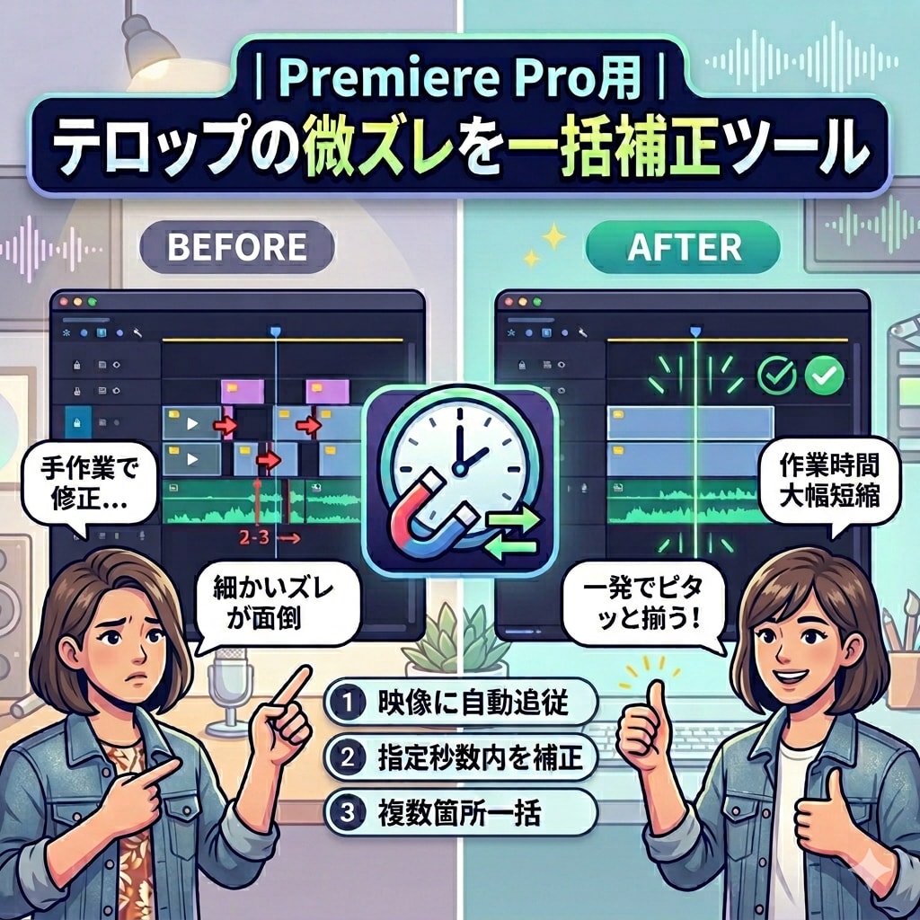 Premiereテロップズレ修正ツール提供します 手作業のズレ修正を数クリックで終わらせるツールです イメージ1