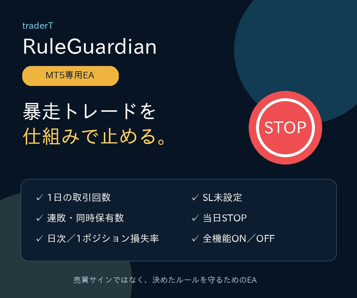 MT5の暴走トレードを自動で止めます 取引回数・連敗・損失率・SL未設定を自動監視 イメージ1