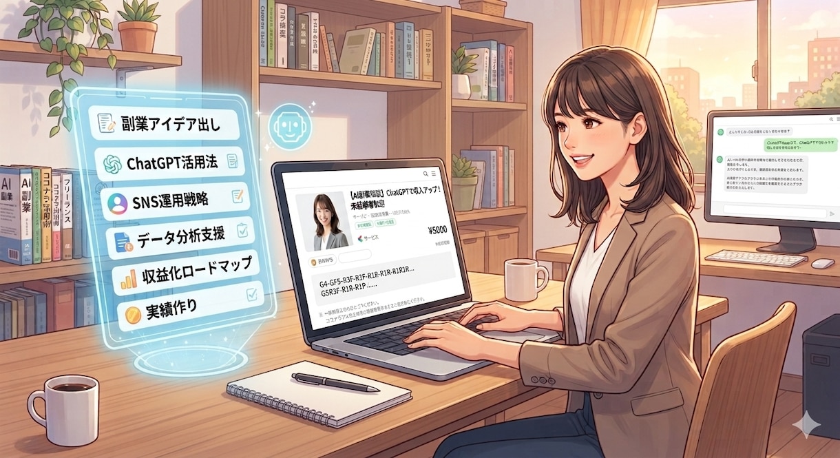 ChatGPTであなたに合う副業アイデア提案します 副業初心者でもOK経験・使える時間・希望に合わせて提案します イメージ1