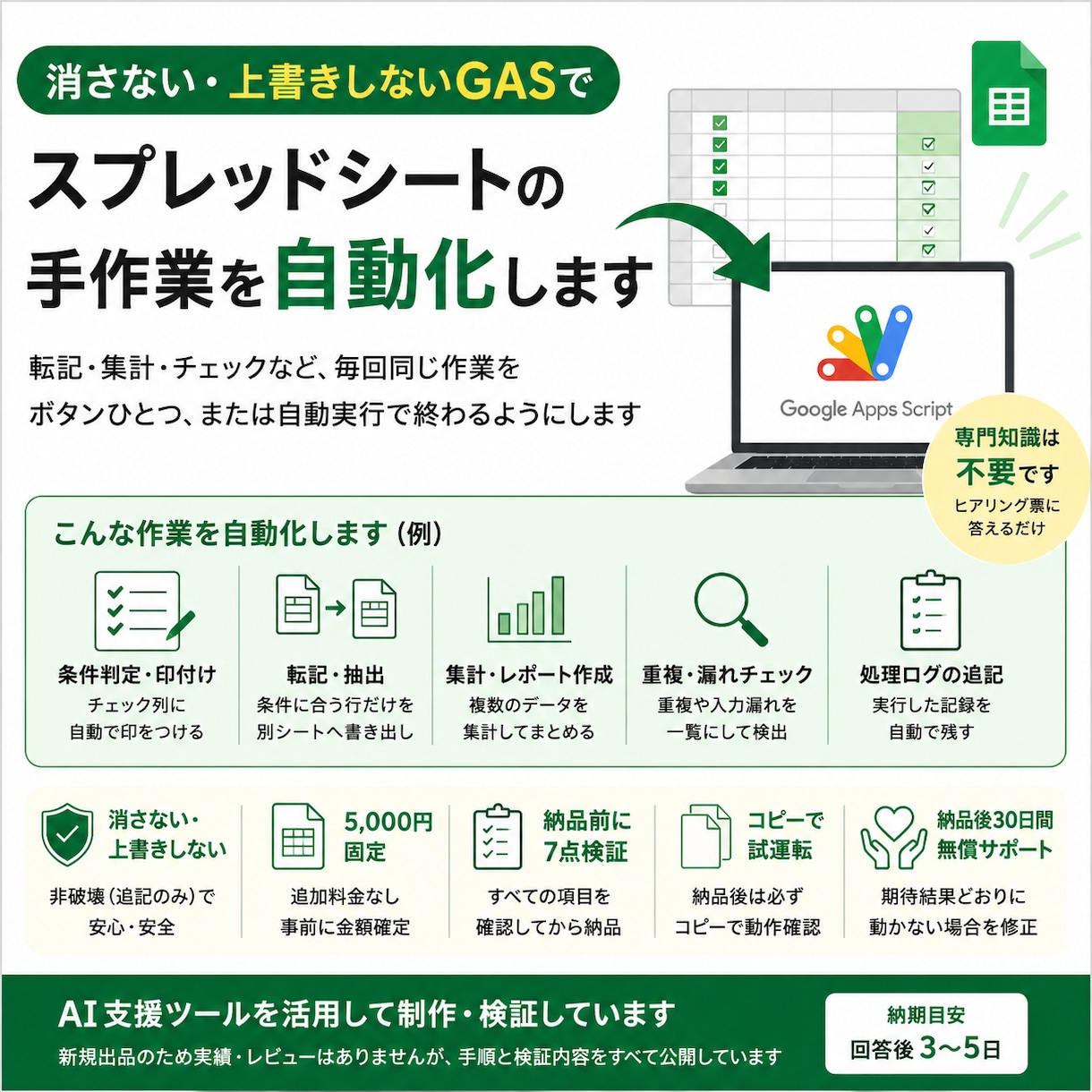 転記・集計・チェックの手作業をGASで自動化します 既存データを消さず上書きせず、納品前に7点検証します イメージ1