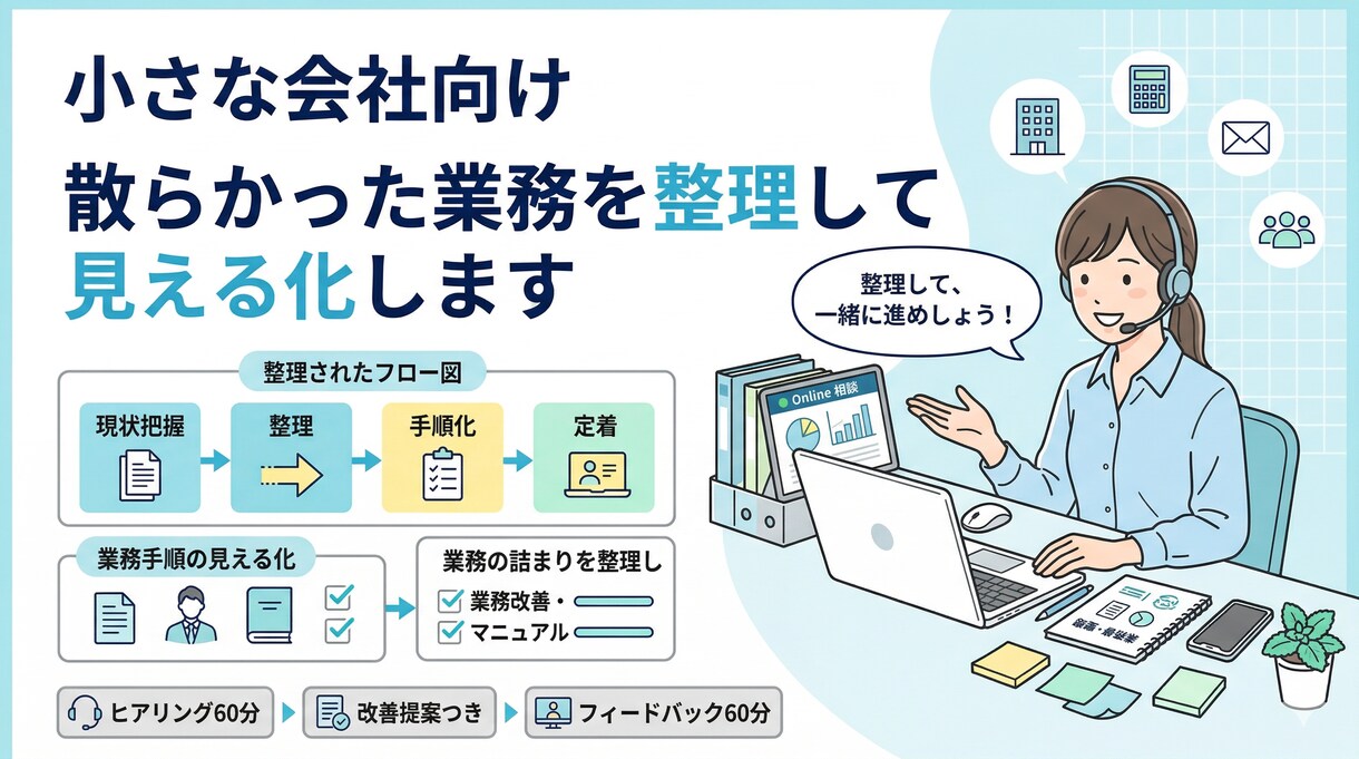 小さな会社向け｜散らかった業務を整理します 業務の詰まりを整理し、回る形に整えます イメージ1