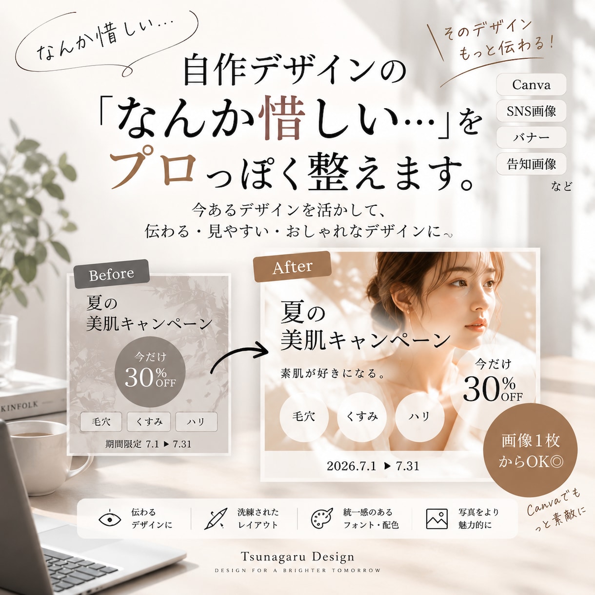 自作デザインの「なんか惜しい」をプロっぽく整えます Canvaで作った制作物を、伝わるデザインにブラッシュアップ イメージ1