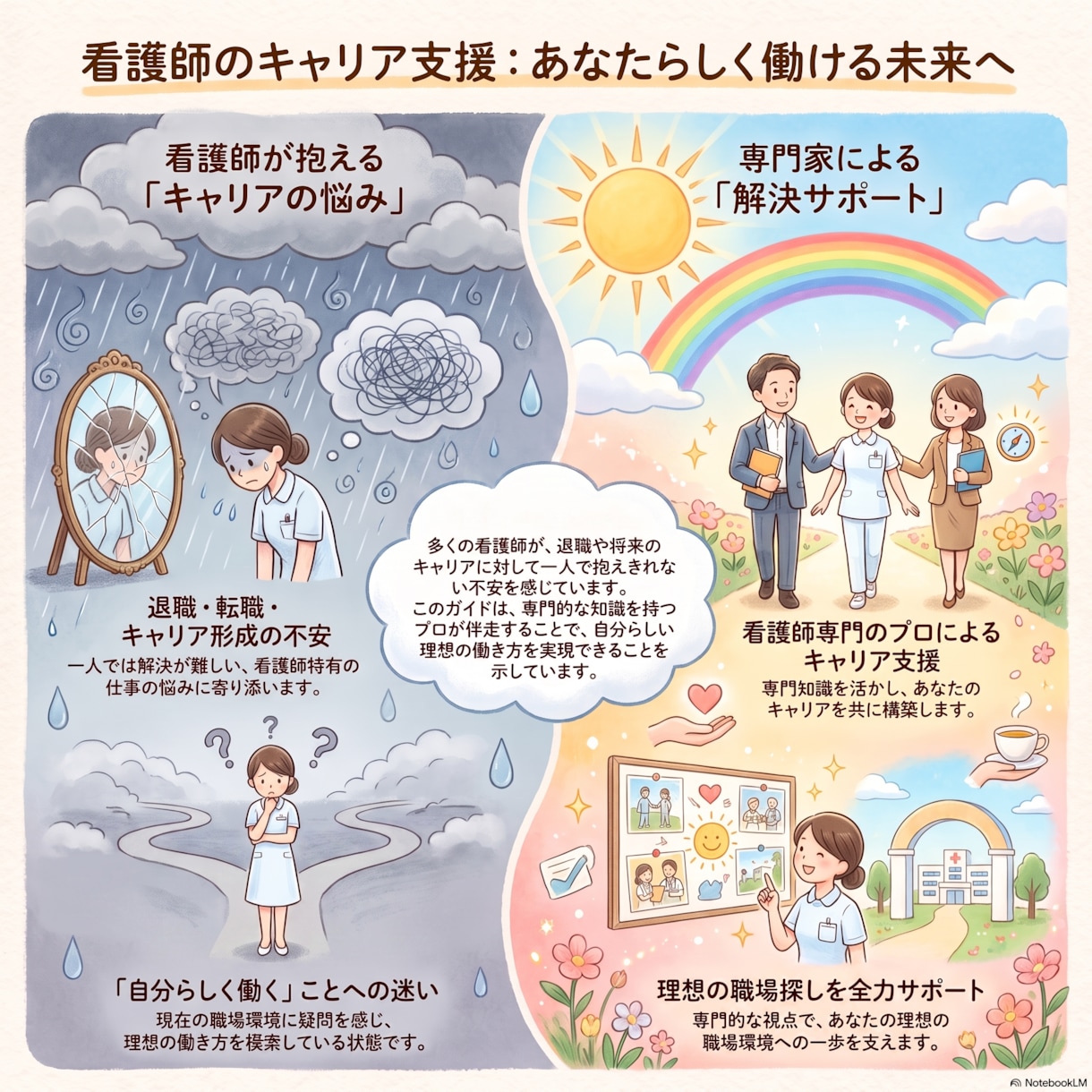看護師さんの退職，転職その他キャリアを支援します 看護師として自分らしい働き方を探索しましょう。 イメージ1