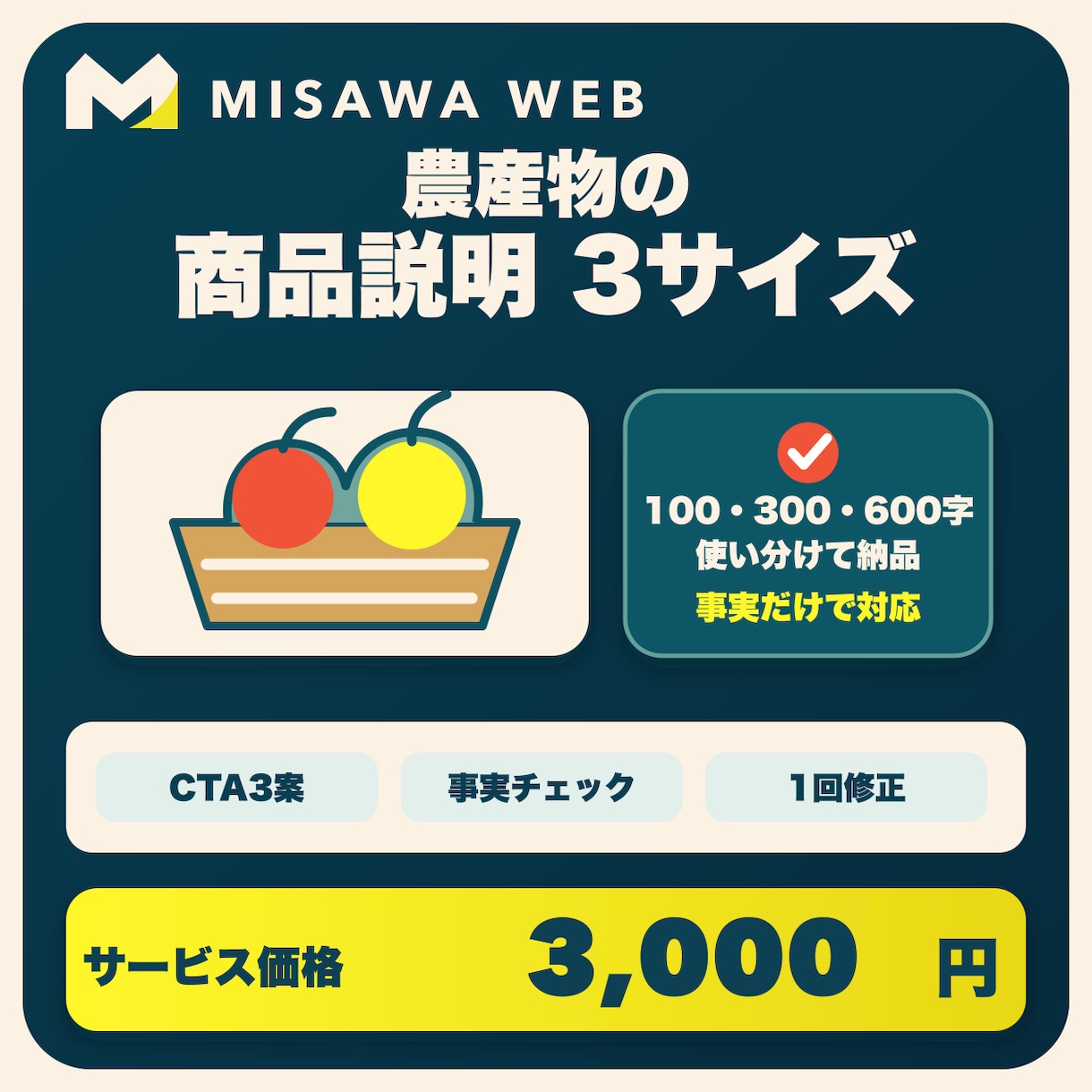 農産物の商品説明文を3つの長さで作ります 100・300・600字で販売場所に合う説明へ整えます イメージ1