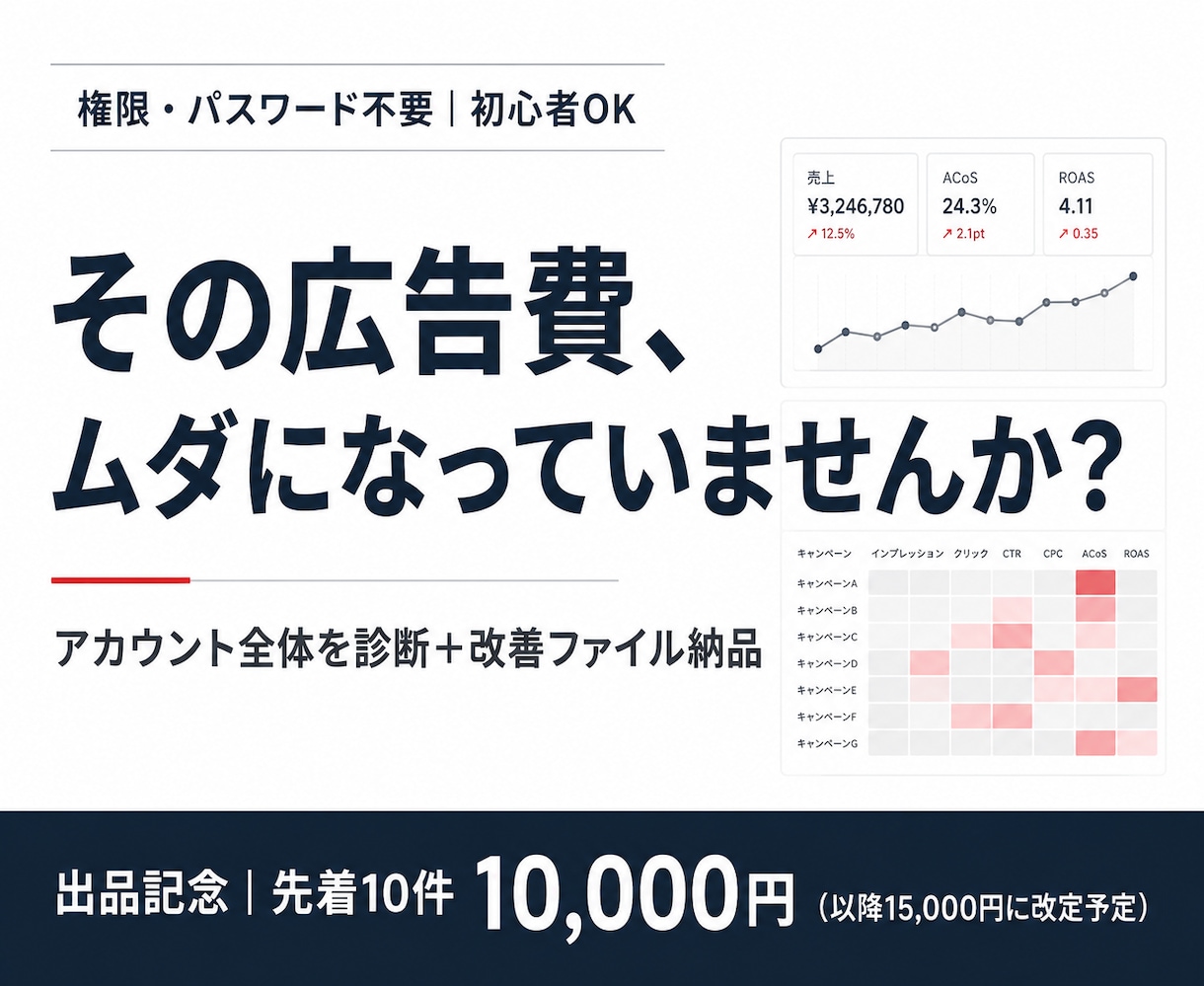 Amazon広告の無駄をまるごと診断します 分析はアカウント全体｜改善はファイル納品｜一人にしません イメージ1