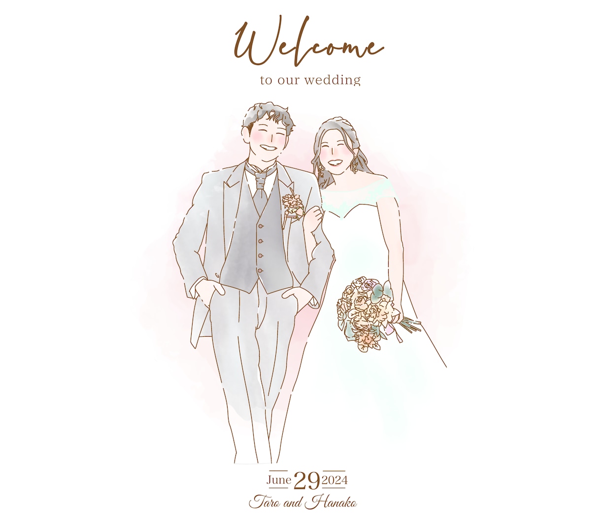 シンプルな似顔絵入りウェルカムボード作成します シンプルなデザインの似顔絵でどんな結婚式にもぴったりです︎✿ イメージ3