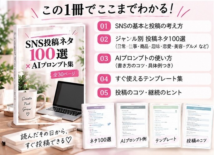 SNS投稿ネタ100選＆プロンプト集をお届けします ネタ切れ卒業！ChatGPTで投稿を作れる初心者向け実践集 イメージ3