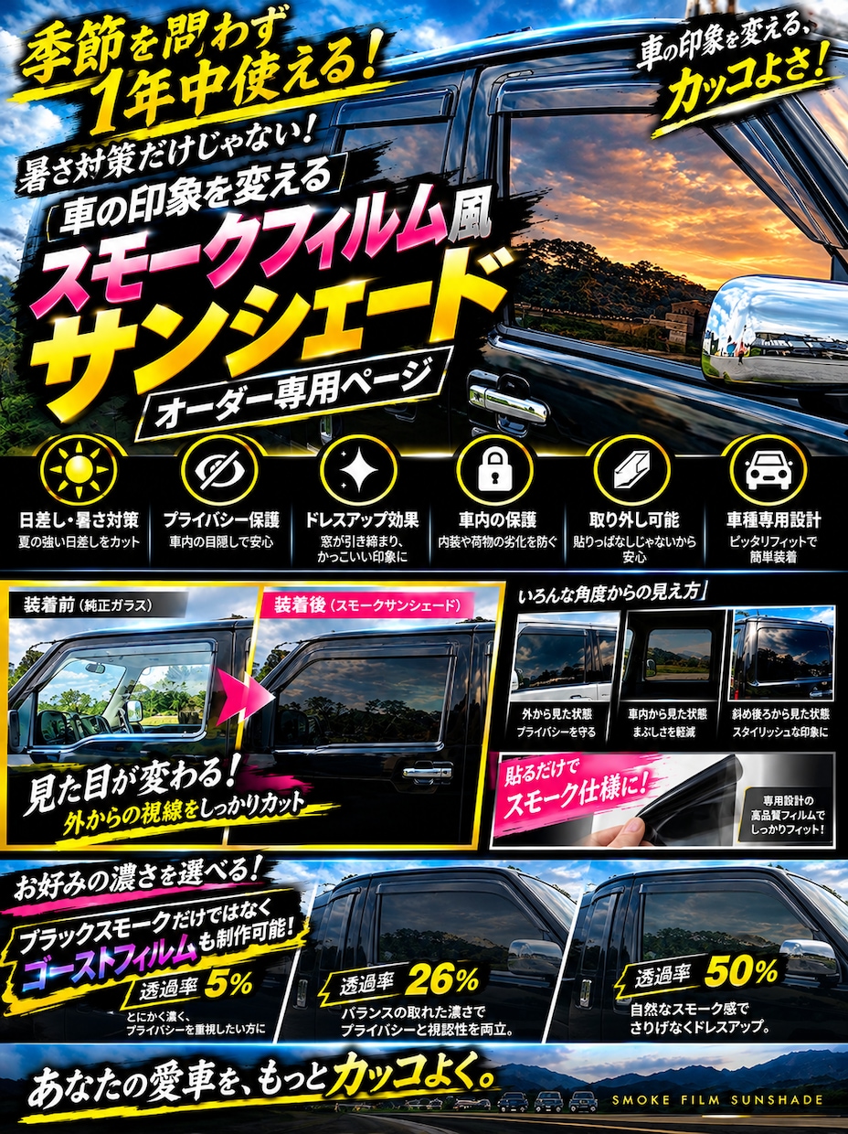 着脱式スモークフィルムサンシェードを製作します ご希望の車種・透過率で制作　高品質スモークフィルム使用 イメージ1