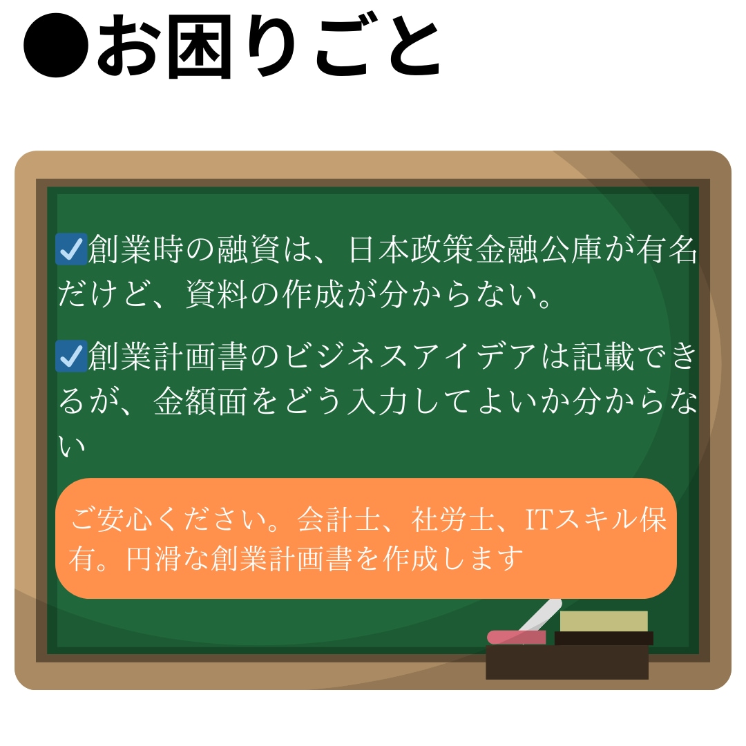 日本政策金融公庫の”創業計画書”作成を代行致します 会計士、社労士など保有。数値苦手OK！収支補足資料も提供 イメージ2
