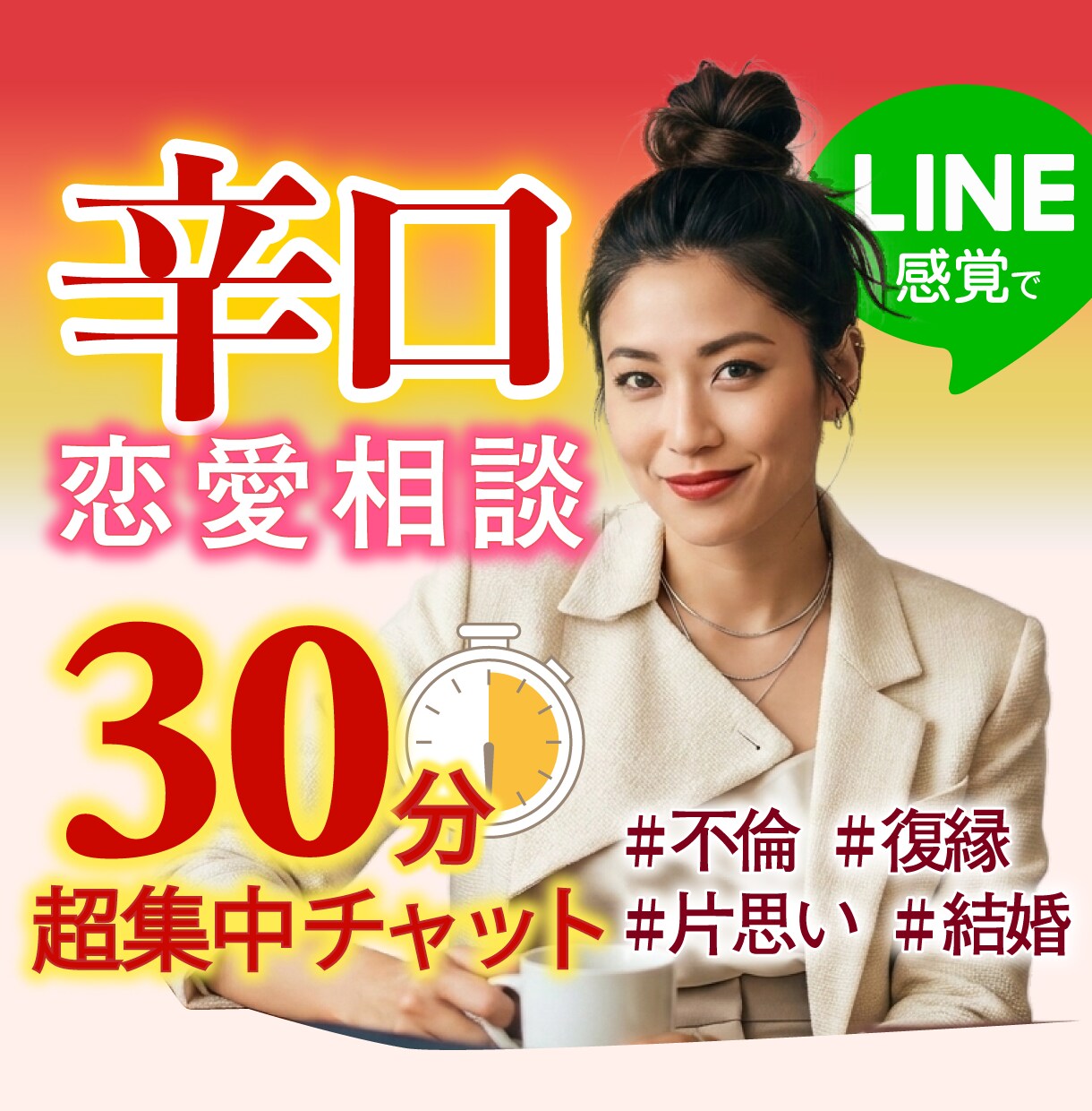甘さ控えめ◆即レスチャットで恋愛辛口ジャッジします 不倫・復縁・片思い・結婚の悩み。辛口相談で現状を変えます イメージ1