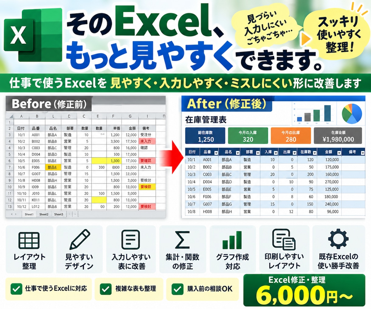 見づらいExcelを見やすく・使いやすく改善します 仕事のExcelを整理・改善してラクにします イメージ1