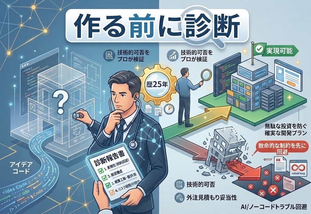 作る前に実現できるか診断します 着手後に判明する「致命的な制約」を先に洗い出します イメージ1