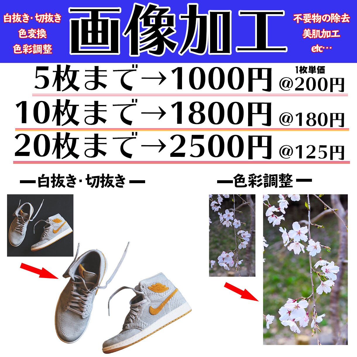 画像の加工お任せ下さい！即対応いたします 白抜き・切り抜き・色彩調整・不要物の除去・etc… イメージ1