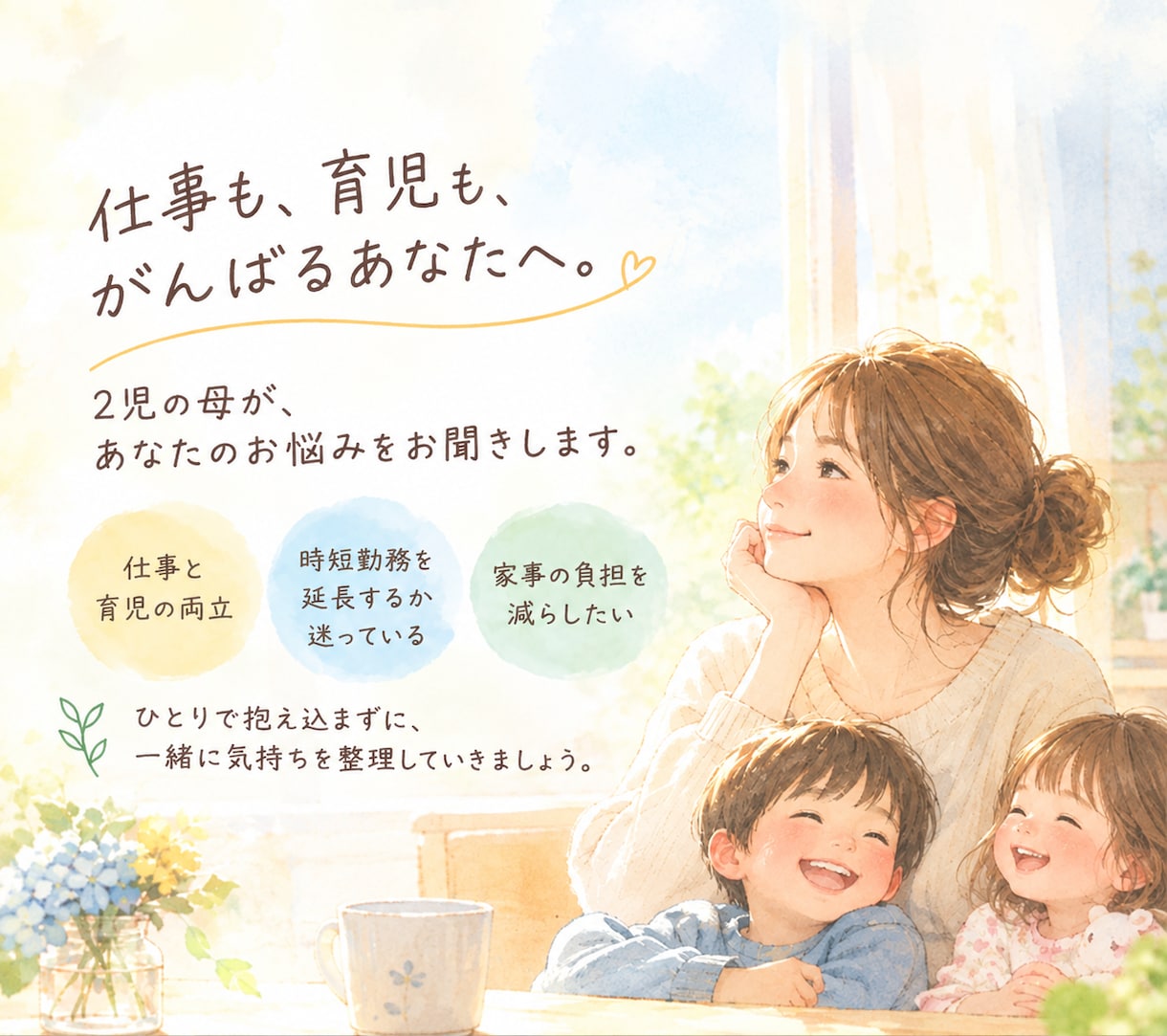 仕事も育児もがんばるあなたのお悩み、お聞きします 2児のワーママが悩みを聞き、気持ちの整理をお手伝いします イメージ1