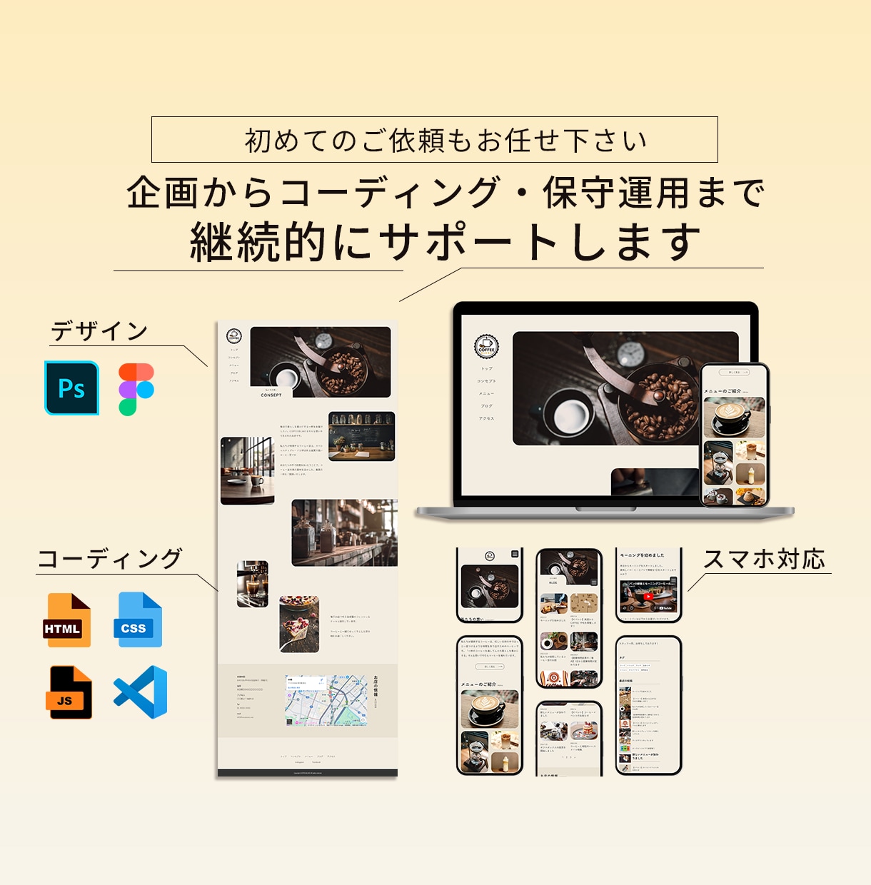 デザインからコーディング・運用まで行います 構成からコーディング・その後の運用まで継続的にサポートします イメージ1