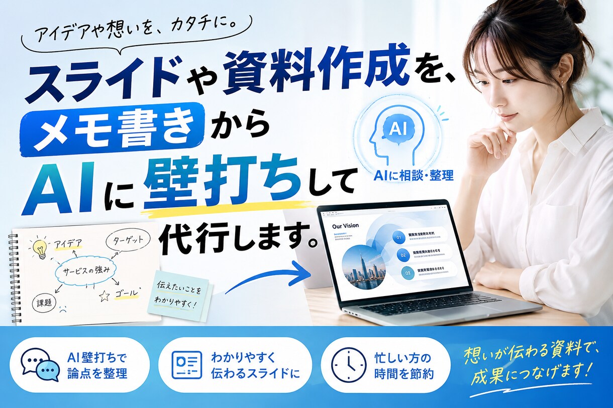 作る時間がない人の代わりにスライド作成します メモからスライドを作成。構成整理からデザインまで対応します。 イメージ6