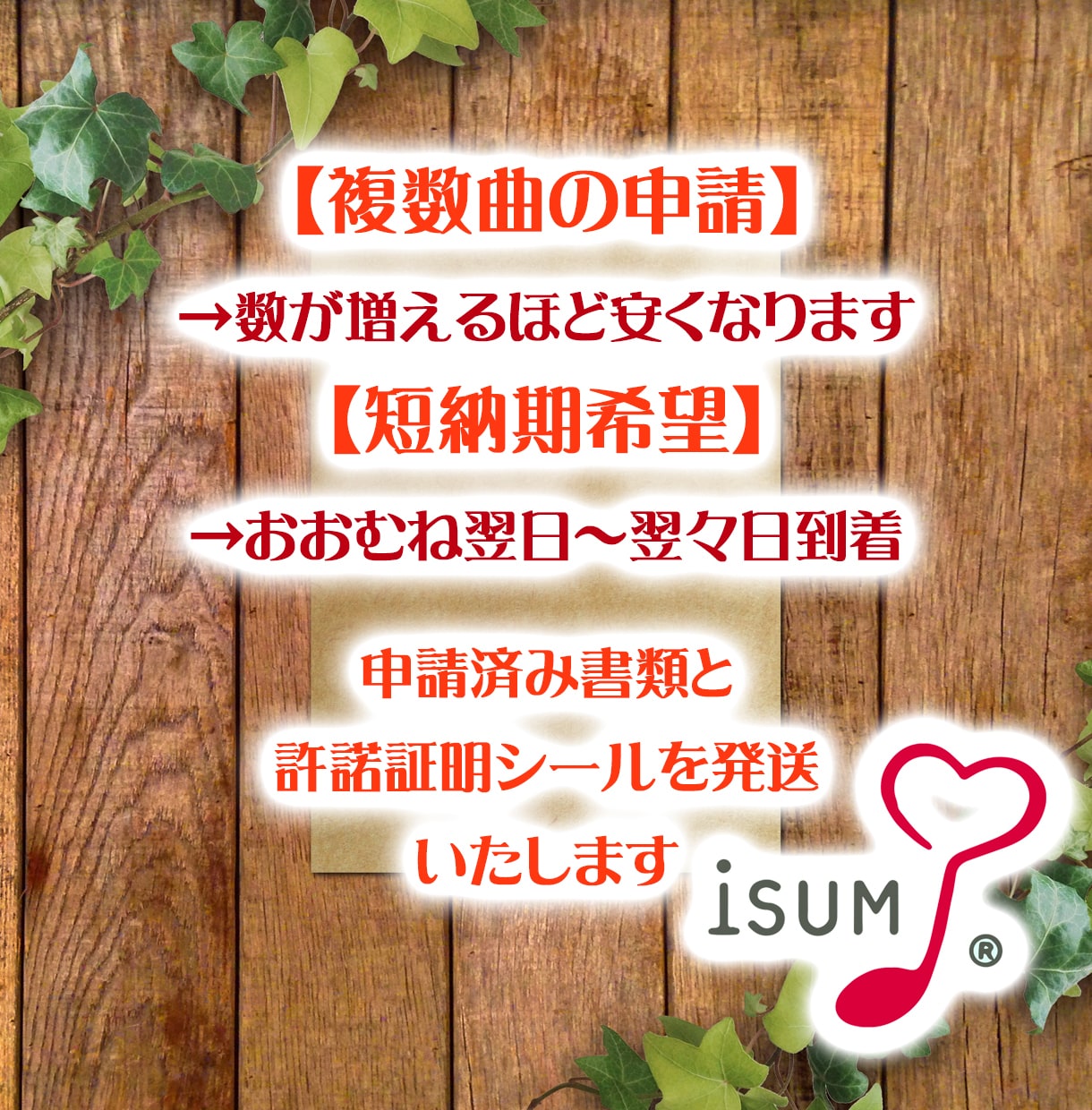 ISUM申請正規代理店・複数曲で安く申請代行します 3曲４曲だとより安く!!　許諾書・シール郵送・Canva対応 イメージ2