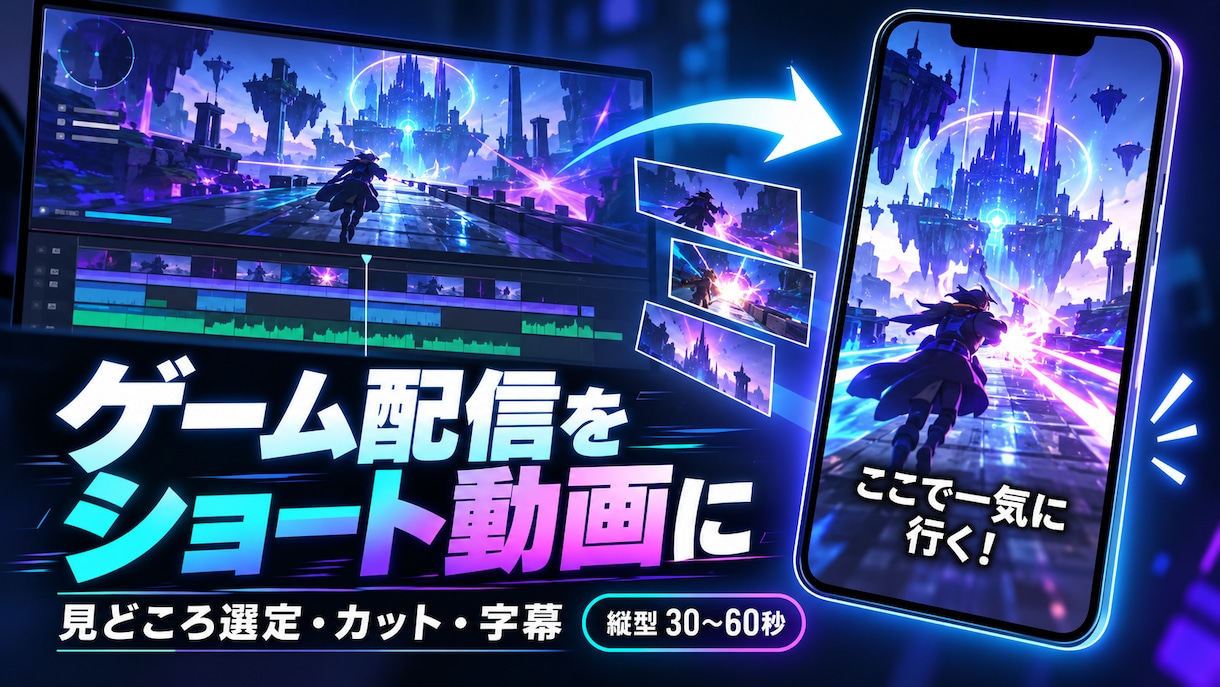 ゲーム配信の見どころを縦型ショートに編集します 見どころ選定・カット・白字幕、縦型1本を納品 イメージ1