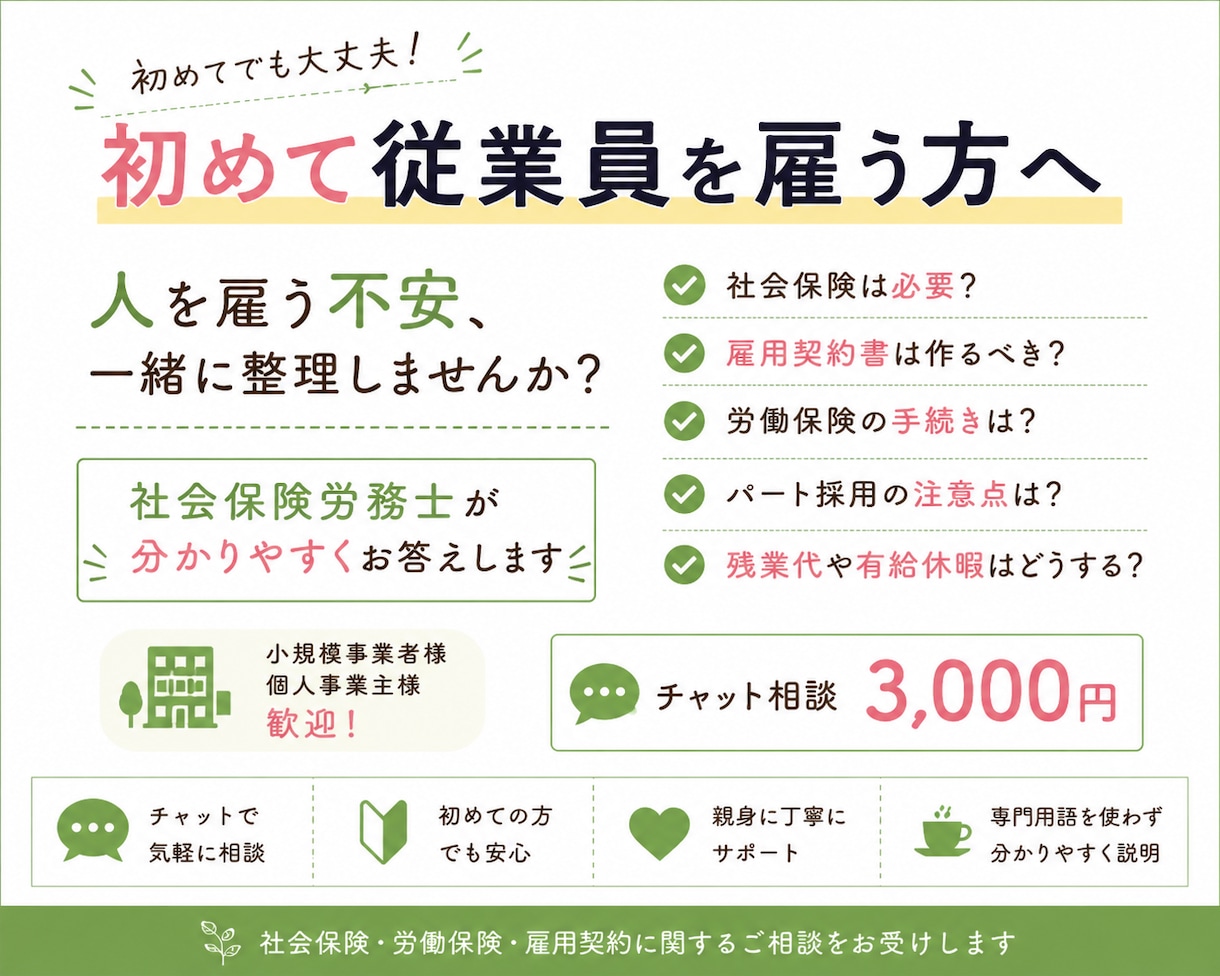 初めて従業員を雇う方へ｜社労士が労務相談を承ります 顧問契約までは不要。でも少し聞きたい方へ！ イメージ1