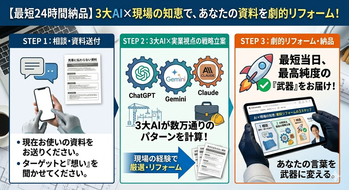 AI×実業視点で営業資料を劇的リフォームします 最短24時間！3大AIと現場の知恵で「売れる」言葉を創り出 イメージ3