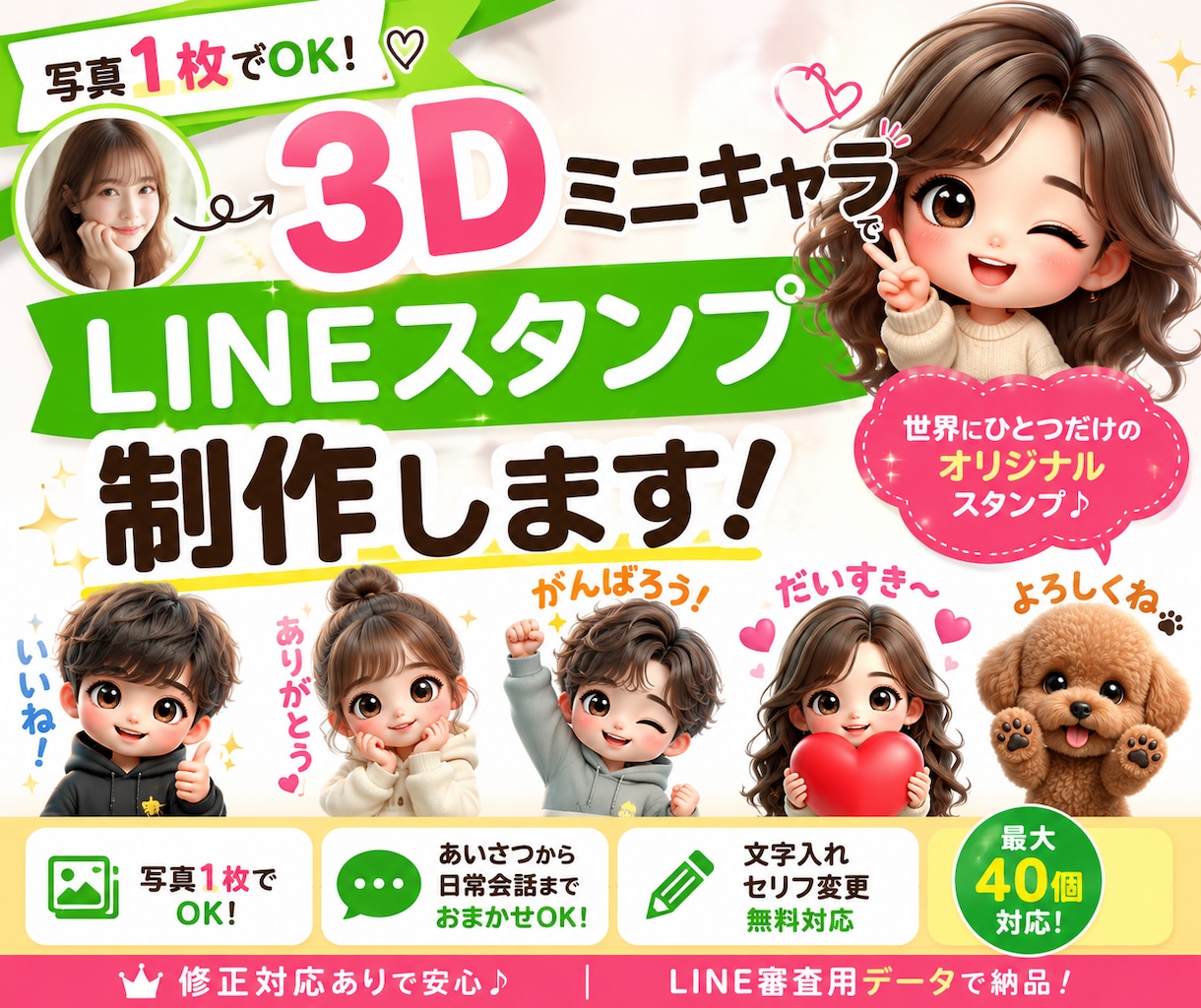 写真1枚で3DミニキャラLINEスタンプ制作します 写真1枚から、世界にひとつだけのLINEスタンプを制作します イメージ2