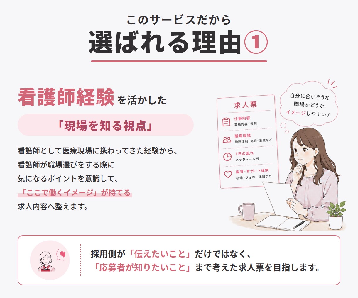 看護師求人の作成・改善から運用まで代行します 看護師目線で求人内容を見直します。 イメージ4