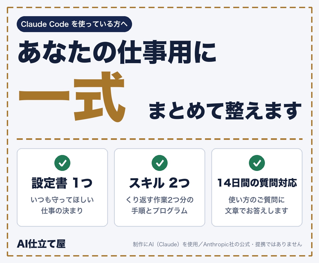 Claude Codeを仕事用に一式整えます 設定書とスキル2つ。試してから納品します イメージ1