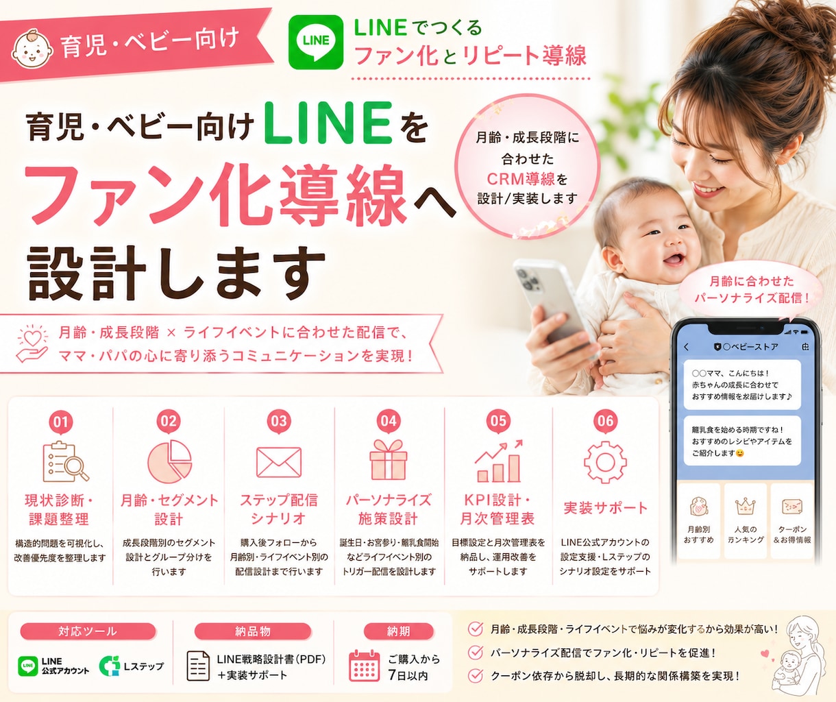 育児・ベビー向けLINEをファン化導線設計します 月齢・成長段階に合わせたCRM導線設計しLINEへ実装します イメージ1