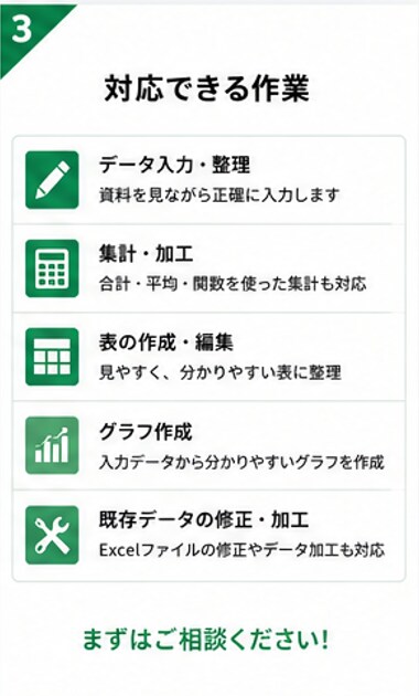 Excelの面倒な入力・集計・資料作成を代行します 面倒なExcel作業をまるごと代行！丁寧・正確に対応します イメージ3