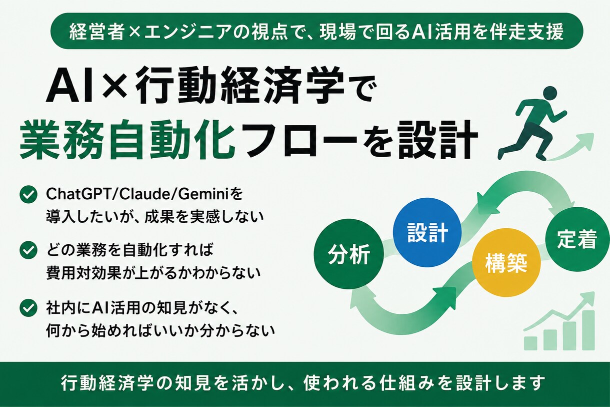 AI×行動経済学で業務自動化フローを設計します 経営者×エンジニアの視点で、現場で回るAI活用を伴走支援 イメージ1