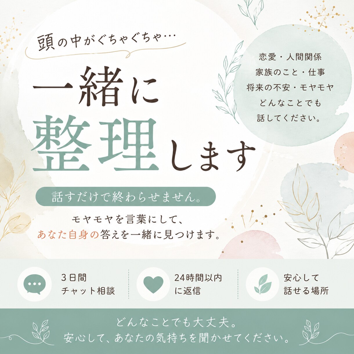 頭の中がぐちゃぐちゃ…一緒に整理します 話すだけで終わない。あなた自身の答えを一緒に見つけます。 イメージ1